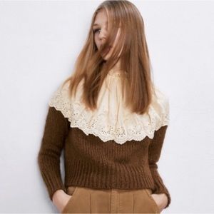 Beautiful and unique Zara Brown and lace stylish knit sweater size L
